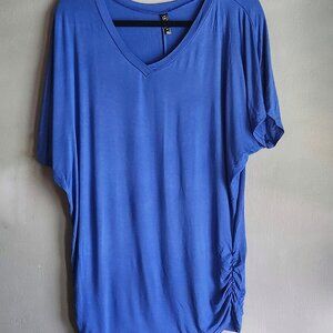 XXL Blue V Neck Rouched Cotton Top